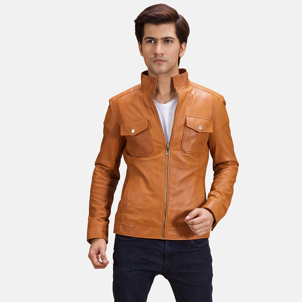 Mens Voltex Tan Leather Biker Jacket